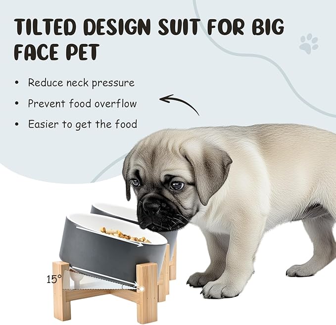 SPUNKYJUNKY 15° Slanted Ceramic Dog and Cat Bowl with Wooden Stand, Tilted Bulldog Food and Water Bowl No Slip Non-Spill for Cats Medium Dogs Big Face Pets 13.5 OZ (1.7 Cups, White-Grey × 2)-Mewly Pet