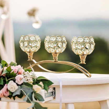 Crystal Tealight Candle Holder Centerpiece Home Decorative Candlestick Holder Elegant Table Centerpiece Home Decor Wedding Party Anniversary (Gold, 3 Arm)