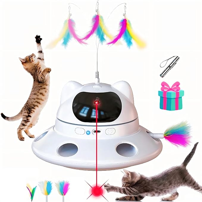 Cat Laser Toy,3-in-1Interactive Cat Toys Automatic Cat Toy with 360° Random Laser & Interactive Feather - 5 Laser PatternsUSB Rechargeable Motion Activated Moving - Fun Toys for Indoor Cats & Kittens-Mewly Pet