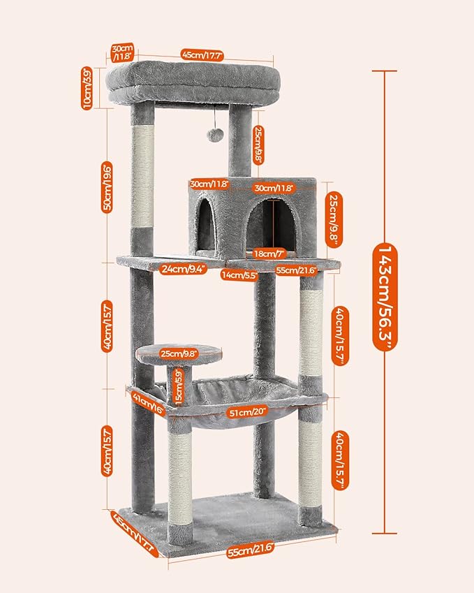 PETEPELA 56.3'' Tall Cat Tree for Indoor Cats, Multi-Level Cat Tower with Super Large Hammock (20''X16''), Sisal Covered Scratching Posts, Cozy Condo and Top Perch Grey-Mewly Pet