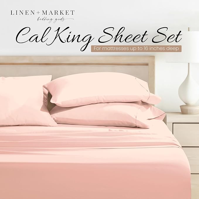 Linen Market Double-Brushed Microfiber California King Sheet Set 4 Piece – Oeko-TEX Certified Ultra Soft & Wrinkle-Free - 16" Deep Pocket Sheets Easy Care Cal-King Size - Blush