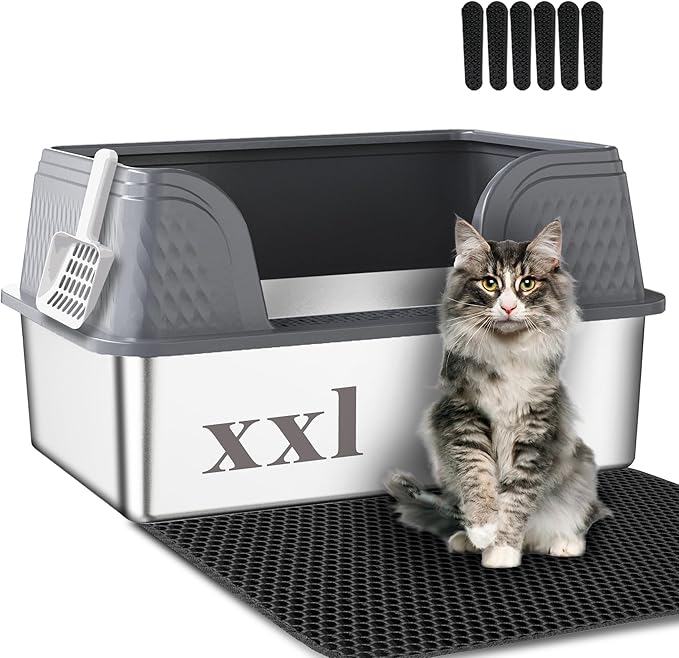Suhaco Extra Large Stainless Steel Litter Box with Lid XXL High Sided Cat Litter Boxes Included Litter Mat & Litter Scoop Anti-Urine Leakage Metal Pet Toilet for Big Cats (Grey XXL)-Mewly Pet