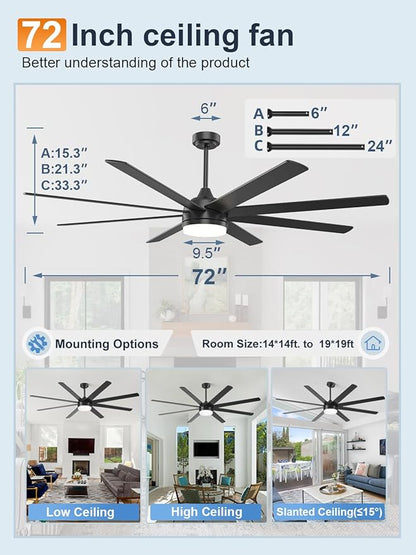 YUHAO 72 Inch Black Ceiling Fan with Light and Remote Control.Noiseless,Dimmable,3CCT,6 Speeds Reversible, DC Ceiling Fans for Indoor or Covered Outdoor