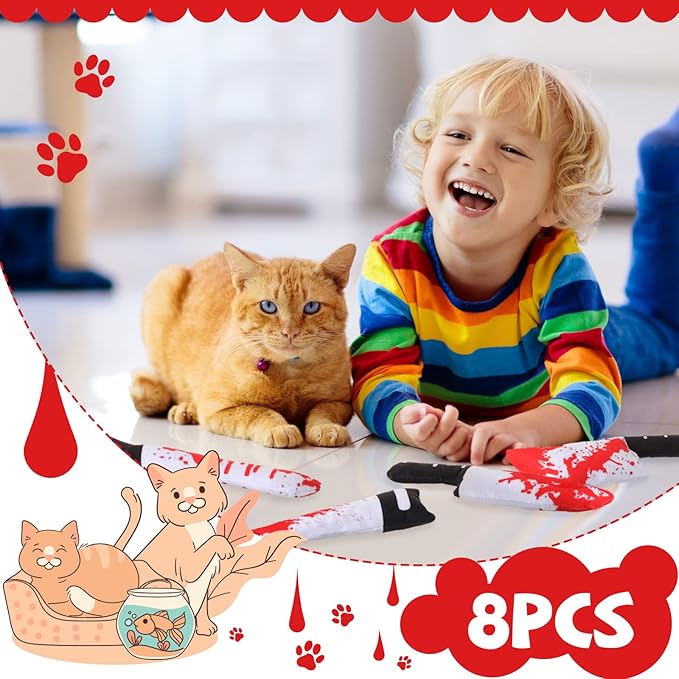Honoson 8 Pcs Knife Cat Chew Toys Catnip Toys Interactive Stuffed Kitten Chew Toys Teething Resistant for Christmas Halloween Indoor Kitten Cats Boredom Relief Teeth Cleaning(Knife Pattern)-Mewly Pet