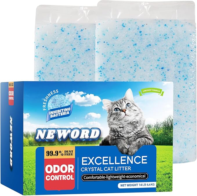 NEWORD Crystals Cat Litter Lightly Scented Litter Superior Odor Control 14 lbs Total (2 Pack of 7lb Bags) Soft-On-Paws Low Tracking Dust-Free Blue Silica Gel-Mewly Pet