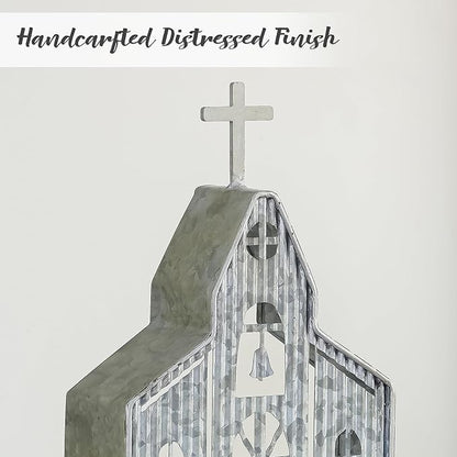 Church Shaped Tea Light Candle Holder Farmhouse Galvanized Metal Candle Holder Vintage Decorative Tealight Holder for Table Centerpiece Decoration - 6.22" x 1.97" x 9.25"