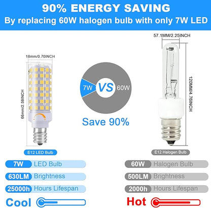 TAIYALOO E12 LED Bulb Dimmable C7 Bulb Equivalent to E12 Halogen Bulb 60W, Natural White 4000K, T6 Small Base, 120V 7W 630LM E12 LED Candelabra Bulbs for Ceiling Fan, Chandelier Light, 6 Pack