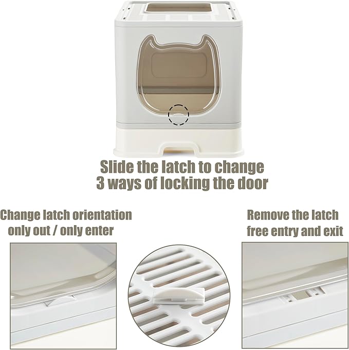 Gefryco Litter Box with Lid for Small to Medium Cats, Enclosed Cat Litter Box with Cover，High Sided Top Entry Cat Box with Brush and Scoop, Cute Kitty Litter Pan with Drawer for Growing Kittens(Grey)-Mewly Pet