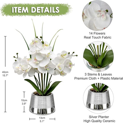 Artificial White Phalaenopsis Orchid Flower Arrangements Faux Orchid Flower in Silver Pot Orchid Centerpiece for Dining Room Table