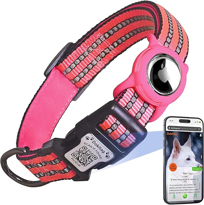 Reflective Dog Collar with Apple AirTag Holder & QR Code Pet ID Tag,Soft Nylon Adjustable Dog Tracker Collar with Safety Lock for Medium Dogs (Rose Red, M)-Mewly Pet