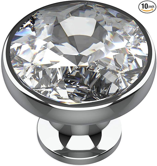 Alzassbg 10 Pack Clear Crystal with Nickel Plated Base Cabinet Knobs, 1-3/8 Inch (35mm) Diameter Cabinet Hardware Round Crystal Knobs for Drawers AL1011