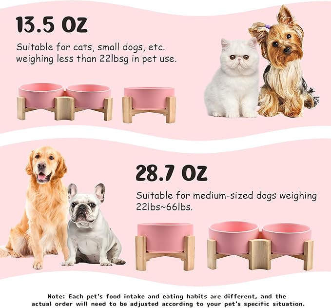 SPUNKYJUNKY 15° Slanted Ceramic Dog and Cat Bowl with Wooden Stand, Tilted Bulldog Food and Water Bowl No Slip Non-Spill for Cats Medium Dogs Big Face Pets 13.5 OZ (1.7 Cups, Pink × 2)-Mewly Pet