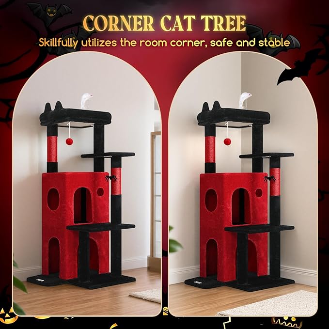 Globlazer Gothic Cat Tree Tower for Indoor Cats, 50-inch Goth Adult Cat Tree House for Large Adult Cats with Steps, Scratching Post, 2 Cat Caves, Dangling Toys, FC50, Blood-Goth-Mewly Pet