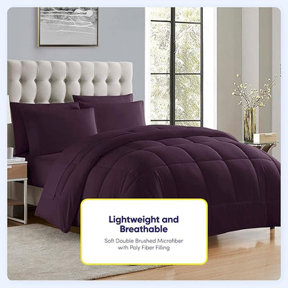Sweet Home Collection 5 Piece Comforter Set Bag Solid Color All Season Soft Down Alternative Blanket & Luxurious Microfiber Bed Sheets, Purple, Twin XL