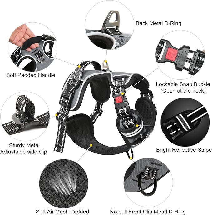 Timos Dog Harness Large Sized, No Pull with Neck Lockable Snap,No Choke Front Clip Dog Reflective Harness,Adjustable Metal Rings 3 Buckles,Easy Control Handle for Large Dogs Gray L-Mewly Pet