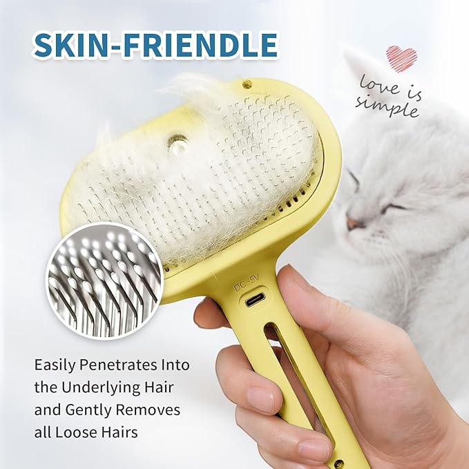 3 In 1 Self-Cleaning Steamy Brush for Pet Grooming - Anti-Static Flying Hair Spray, Removes Loose Hair and Reduces Shedding for Long and Short Fur, Yellow-Mewly Pet