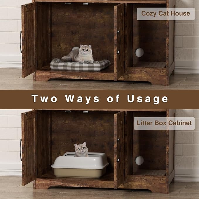 Cat Litter Box Enclosure, Hidden Litter Box Furniture with Scratch Pad, Farmhouse Indoor Cat House Washroom End Table, Rustic Brown-Mewly Pet