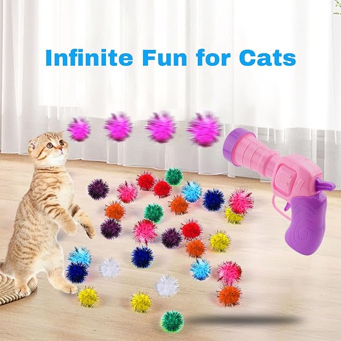 Dorhui Cat Toy Balls with Launchers Set, 30 Pcs Sparkle Pom Ball for Cat,Cat Enrichment Toys,cat Toys for Indoor Cats, Interactive Glitter Pom Ball for Kitty Gifts-Mewly Pet