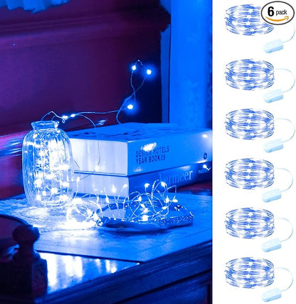 HXWEIYE 6 Pack Blue Fairy Lights Battery Operated, 7ft 20LED Mini Mason Jar Fairy String Lights, Waterproof Firefly Starry Light for DIY Wedding Party Bedroom Patio Christmas Décor