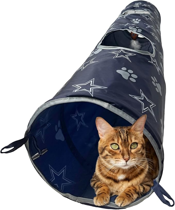 NFL Dallas Cowboys Cat Tunnel Tube Toy with Plush Football Catnip and Feathers Collapsible Tunnel for Cats to Play, Peek and Hide, Sporty & Fun Cat Tunnel Toy with Team Logo All-Over Design!-Mewly Pet