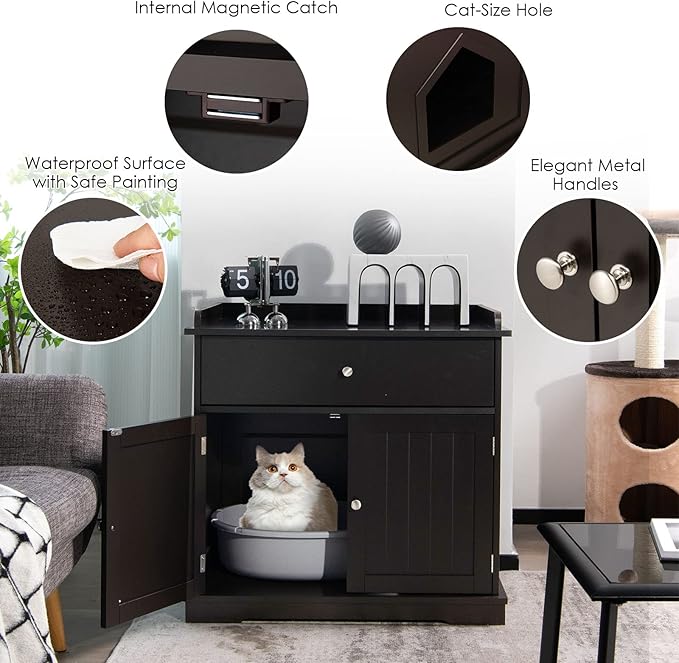 PETSITE Cat Litter Box Enclosure, Large Cat Washroom End Table with Drawer & 2 Doors, Wooden Cat House Storage Cabinet, Hidden Litter Box Furniture, Brown-Mewly Pet