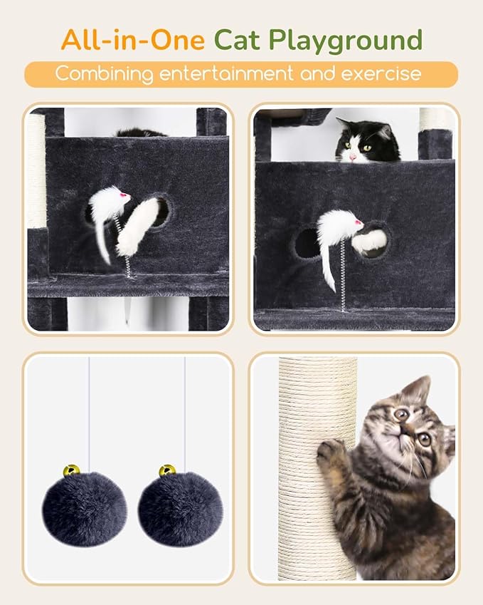 Globlazer Large Cat Tree Tower Condo, 80in Tall Cat Tree for Multiple Indoor Cats Large Adult, XXL Big Cat Climbing Tower with Cat Caves, Sisal Scratching Posts, Top Perches, Hammock, S80B, Dark Gray-Mewly Pet