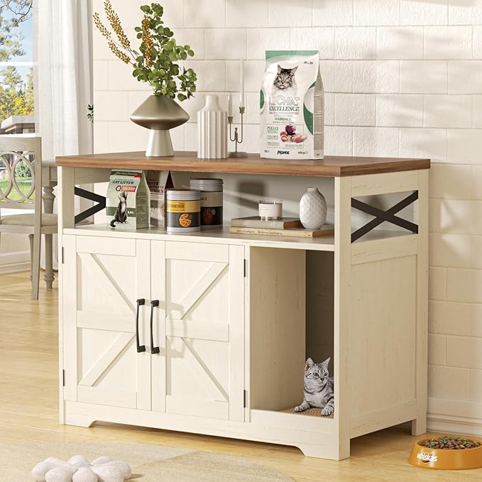 Cat Litter Box Enclosure, Hidden Litter Box Furniture with Scratch Pad, Farmhouse Indoor Cat House Washroom End Table, White-Mewly Pet