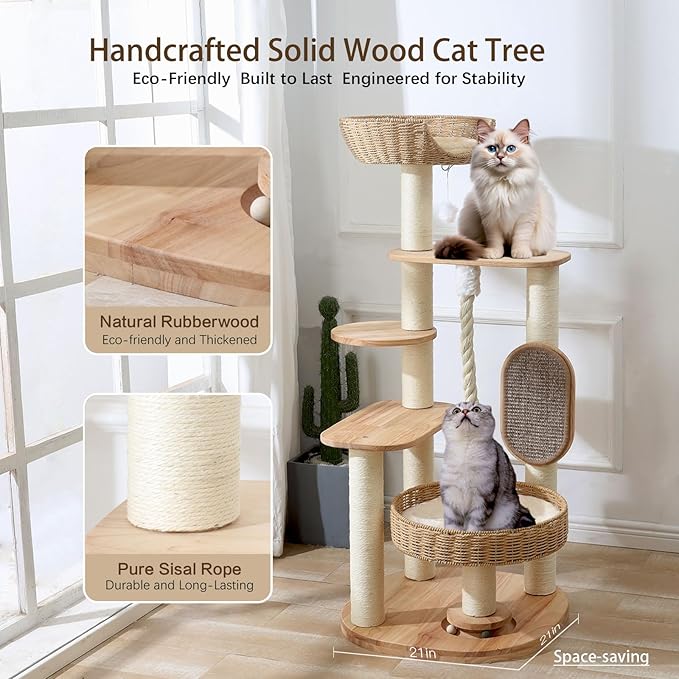 Wooden Cat Tree for Large Cat, 49.6-Inch Tall Cat Tower with Scratching Post for Indoor Cats, Multi-Level Cat Condo with Hand-Woven Cat Bed and Scratching Board Easy to Clean-Mewly Pet
