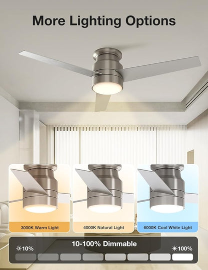 warmiplanet Flush Mount Ceiling Fan with Lights Remote Control, 52-Inch, Brushed Nickel, 3-Blades