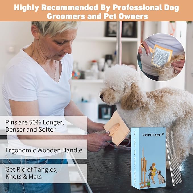 Dog Slicker Brush for Shedding and Grooming Medium or Long Haired Cats, Extra Long & Soft Pin Slicker Brush for Removes Loose Hair, Tangles, Knots, Undercoat, Free Pet Comb, Large, Oak-Mewly Pet