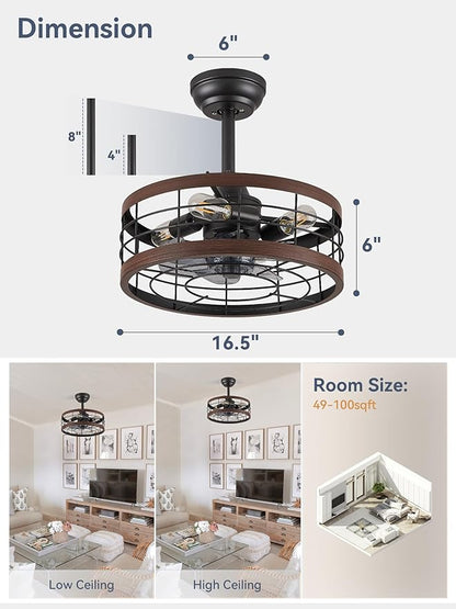 LEDIARY 16.5in Caged Ceiling Fan with Light, Bladeless Industrial Ceiling Fan with Remote, Rustic Metal Fan Lights Ceiling Fixtures for Kitchen, Farmhouse, Bedroom（6 Speed,1/2/4/8h Timing）-Walnut