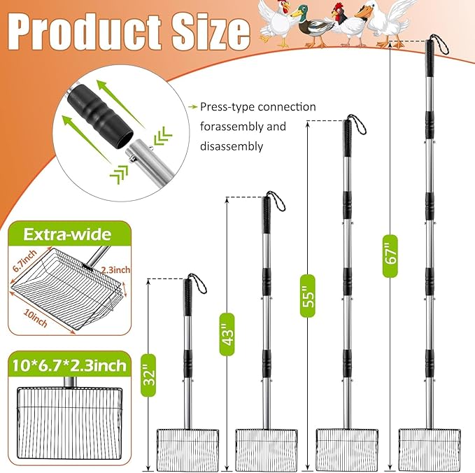 Chicken Poop Scooper, SUVEUS 10 inch Stainless Steel Coop Scoop, Adjustable 32"-67" Long, 5 in 1 Chicken Coops Shavings Shovel, Heavy Duty Sand Sifter Shovel-Mewly Pet