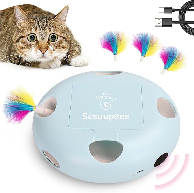 IInteractive Cat Toy, Electric Cat Toys for Moving Concealed Feathers, Smart Sensor 7 Holes Whack a Mole Feather Toy, USB Charge Automatic Kitten Toys,Blue-Mewly Pet