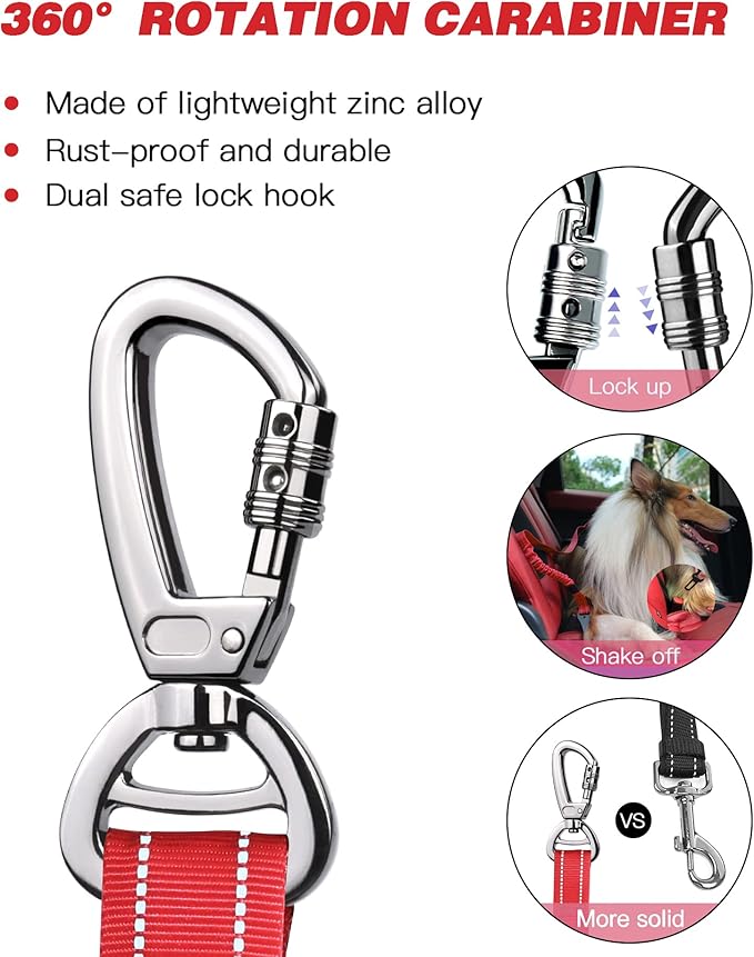 AUBELL Dog Seat Belt for Car,Updated 3-in-1 Adjustable Reflective Bungee Heavy Duty Dog Car Harness Tether with Clip Hook Latch & Buckle,Swivel Zinc Alloy Carabiner,Red-Mewly Pet