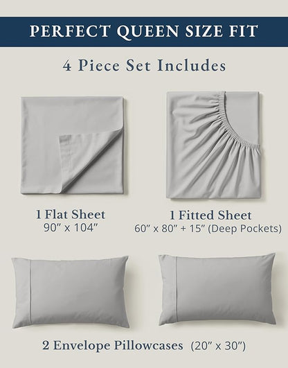 LANE LINEN 100% Organic Cotton Mercerized Queen Sheets, Soft & Comfy Naturally Cooling Cotton Sheets Queen Size Set, Classic Percale Weave Low Pill Fade Resistant Queen Bed Sheets- Silver