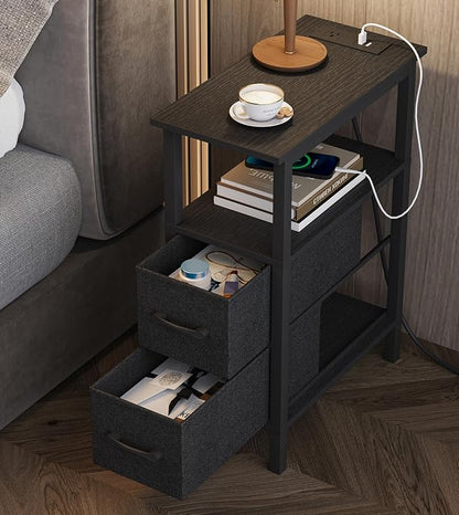 Narrow Side Table for Small Spaces, Skinny End Table with Charging Station, Sofa Beside Table with 2 Fabric Drawers and 1 Open Compartment, Slim Nightstand with USB Ports Outlet, Black UTBT004B