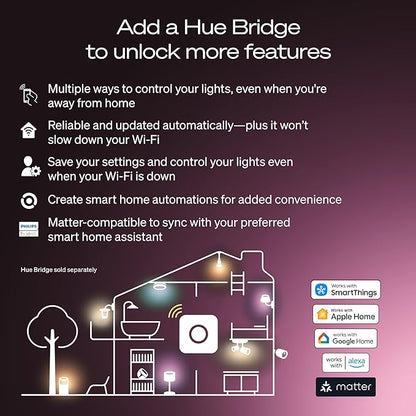 Philips Hue Smart LED A19 Bulb, White & Color Ambiance, E26 Base, 7.2W, Full Spectrum Light 1000K-20000K, 810 Lumens, Dimmable, Works with Alexa, Google, & Apple Home,1pk