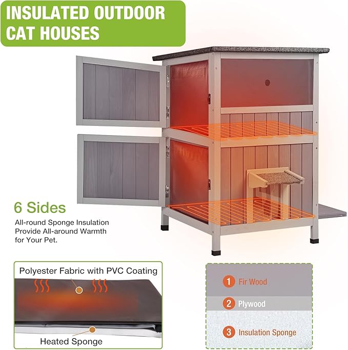 GUTINNEEN Outdoor Heated Cat House for Winter, Weatherproof Wooden Feral Cat Shelter with Escape Door, Heating Pad & Removable Mat(AIR14-Heated)-Mewly Pet
