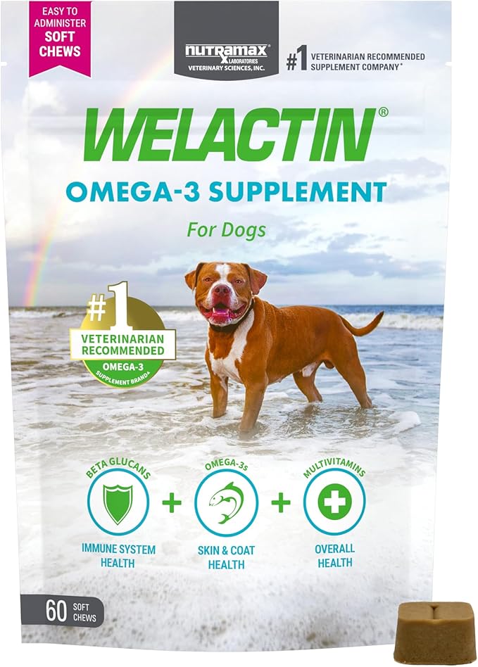 Nutramax Welactin Omega 3 Fish Oil for Dogs, Skin and Coat Health Supplement, Plus Immune and Overall Health, Premium Omega 3 Fatty Acids, Multivitamin For Dogs, Soft Chews, 60 Count-Mewly Pet
