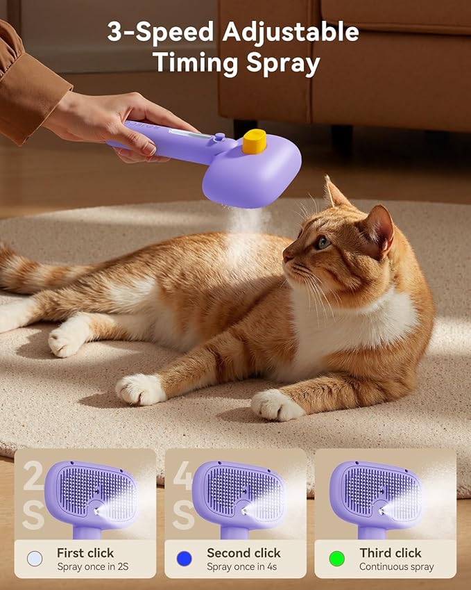 ROJECO 3-in-1 Pet Steam Brush for Cats&Dogs - Detangling Comb with Adjustable Mist, Handheld Deshedding Grooming Tool for Long/Short Hair, Massage Brush & Shedding Control Gift,Cordless,Purple-Mewly Pet