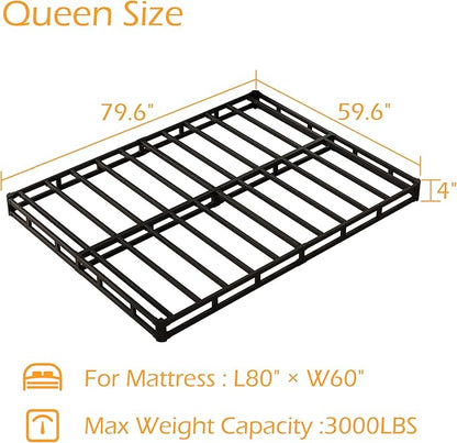 Queen Box Spring 4 Inch Low Profile, Heavy Duty Metal Box Spring Bed Base with Fabric Cover, Mattress Foundation, Easy Assembly, Noise Free, Black