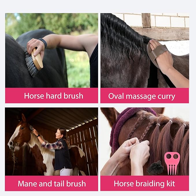 Horse Grooming Kit 13 Piece, Horse Brushes for Grooming Supplies with Tote Bag, Horses Tack Brush Set for Effective Grooming and Cleaning, Gift for Horse Riders Beginners (Pink)-Mewly Pet