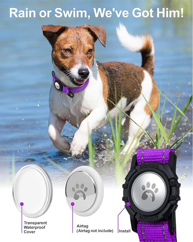 TagME Airtag Dog Collar,Waterproof Reflective Pet Collar with Airtag Holder,Soft Padded and Double D-Rings for Medium Dogs,Purple-Mewly Pet