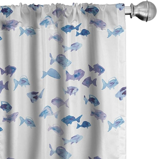 Ambesonne Animal Window Curtains, Little Fishes Watercolors Ocean Underwater Life Marine Theme Art, Lightweight Decor 2-Panel Set with Rod Pocket, Pair of - 28" x 84", Blue