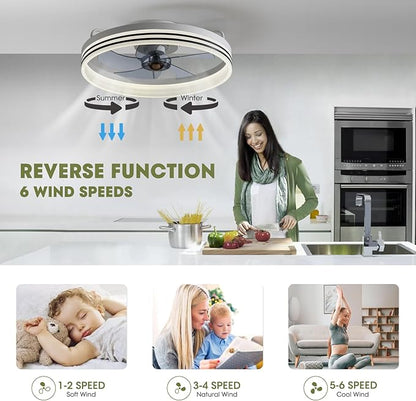 Ceiling Fans with Lights, Flush Mount Ceiling Fan with Lights and Remote, 6 Wind Speeds Smart Low Profile Ceiling Fan for Bedroom, Dining Room and Kitchen 20" (White)