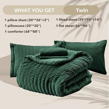 HYMOKEGE Emerald Green Twin Comforter Set Seersucker 5 Pieces, All Season Luxury Bed in a Bag for Bedroom, Bedding Set with Comforter, Sheets, Pillowcase & Sham