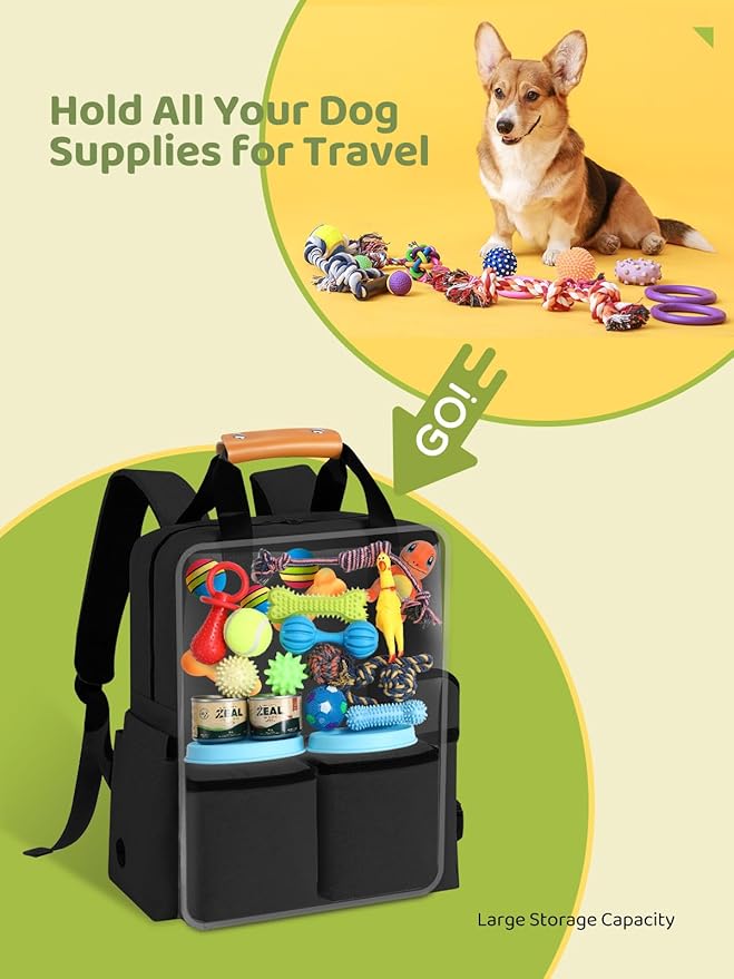 Dog Travel Bag, 25L Airline Approved Dog Travel Backpack for Pet Travel Accessories with 2 Food Storage Containers, 2 Foldable Bowls for Short Trips, Black-Mewly Pet
