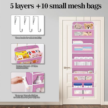 Over The Door Organizer, 5 Shelves Closet Door Hanging Organizer with 10 Mesh Pockets, Nursery Closet Organizer, Baby Essentials, Dorm Room Essentials for Girls