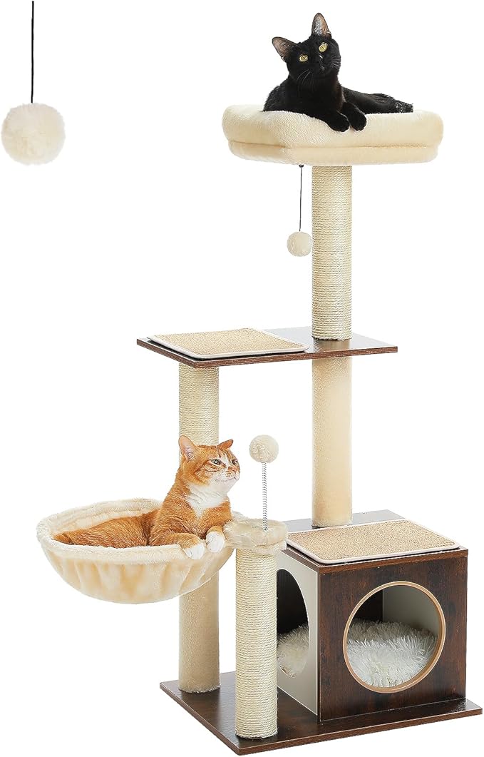 PEQULTI Modern Cat Tree for Indoor Cats,Multilevel Play House Cat Tower with Cat Condo, Scratching Post, Cozy Hammock and Plush Pompom, Brown-Mewly Pet