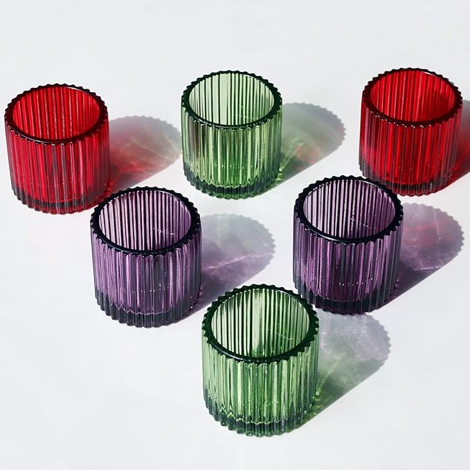 VOHO 3 Color Votive Candle Holders for Easter Decor, 6pcs Large Tealight Candle Holder for Votive Tea Lights Candles, Ribbed Tea Light Candle Holder Glass Gifts for Halloween/Thanksgiving/Christmas